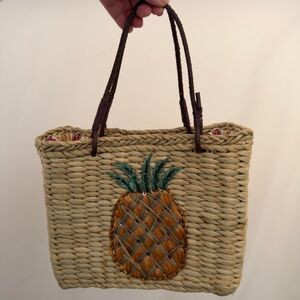 Covington Straw Tote with Pineapple Applique and Brown Handles